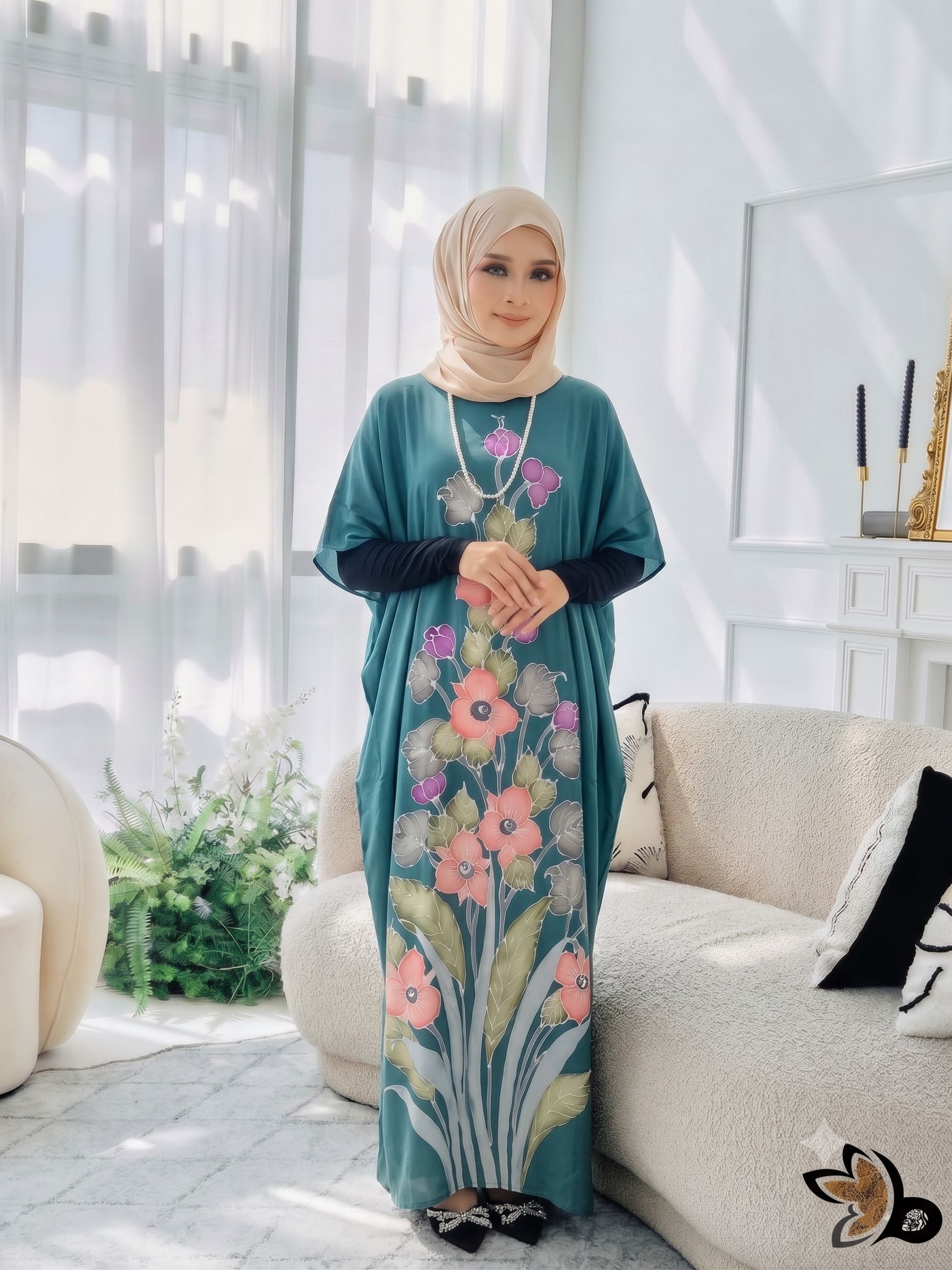 KAFTAN PENDEK FLORAL JUNGLE GREEN K03