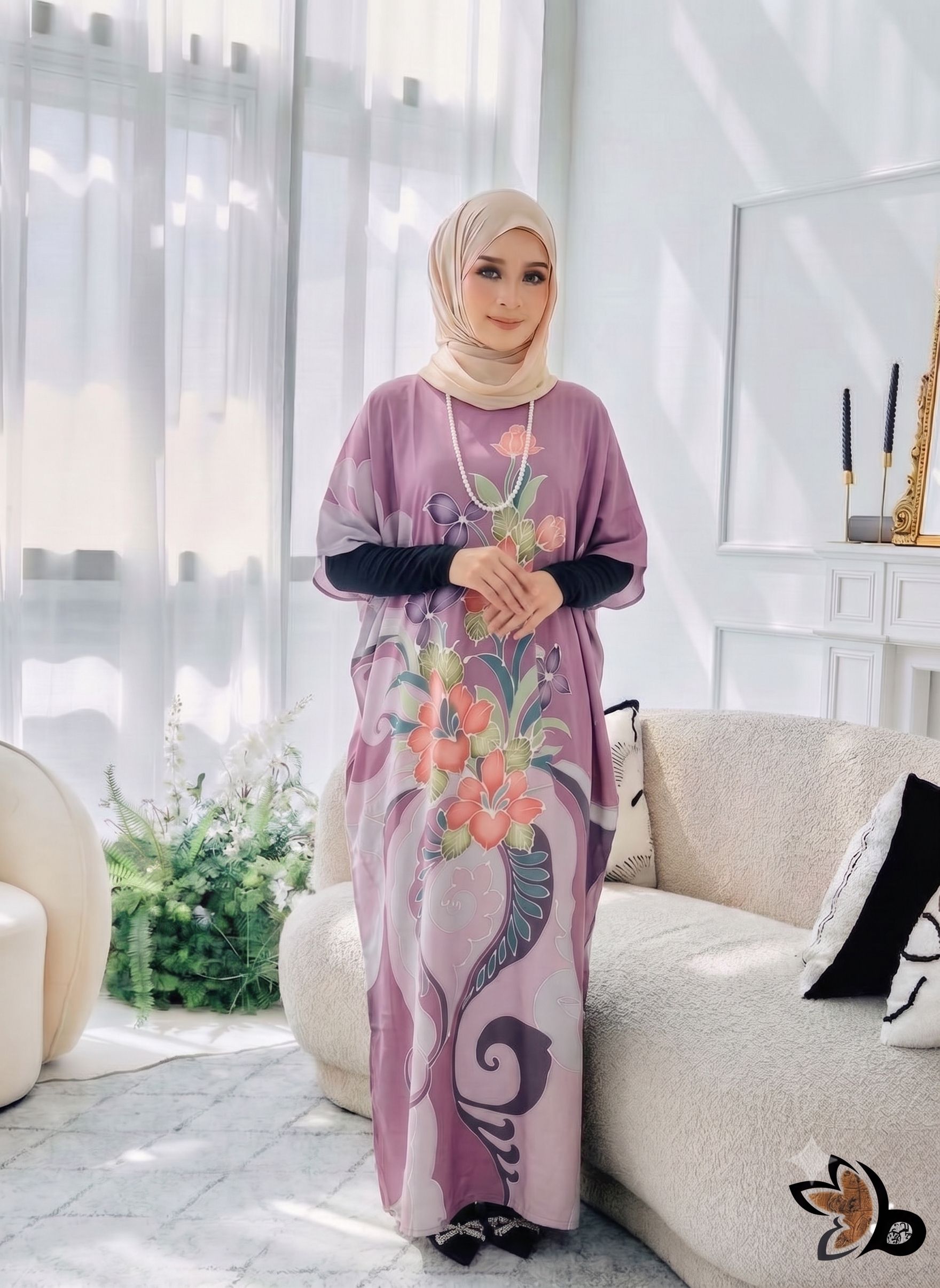 KAFTAN PENDEK FLORAL LILAC K18