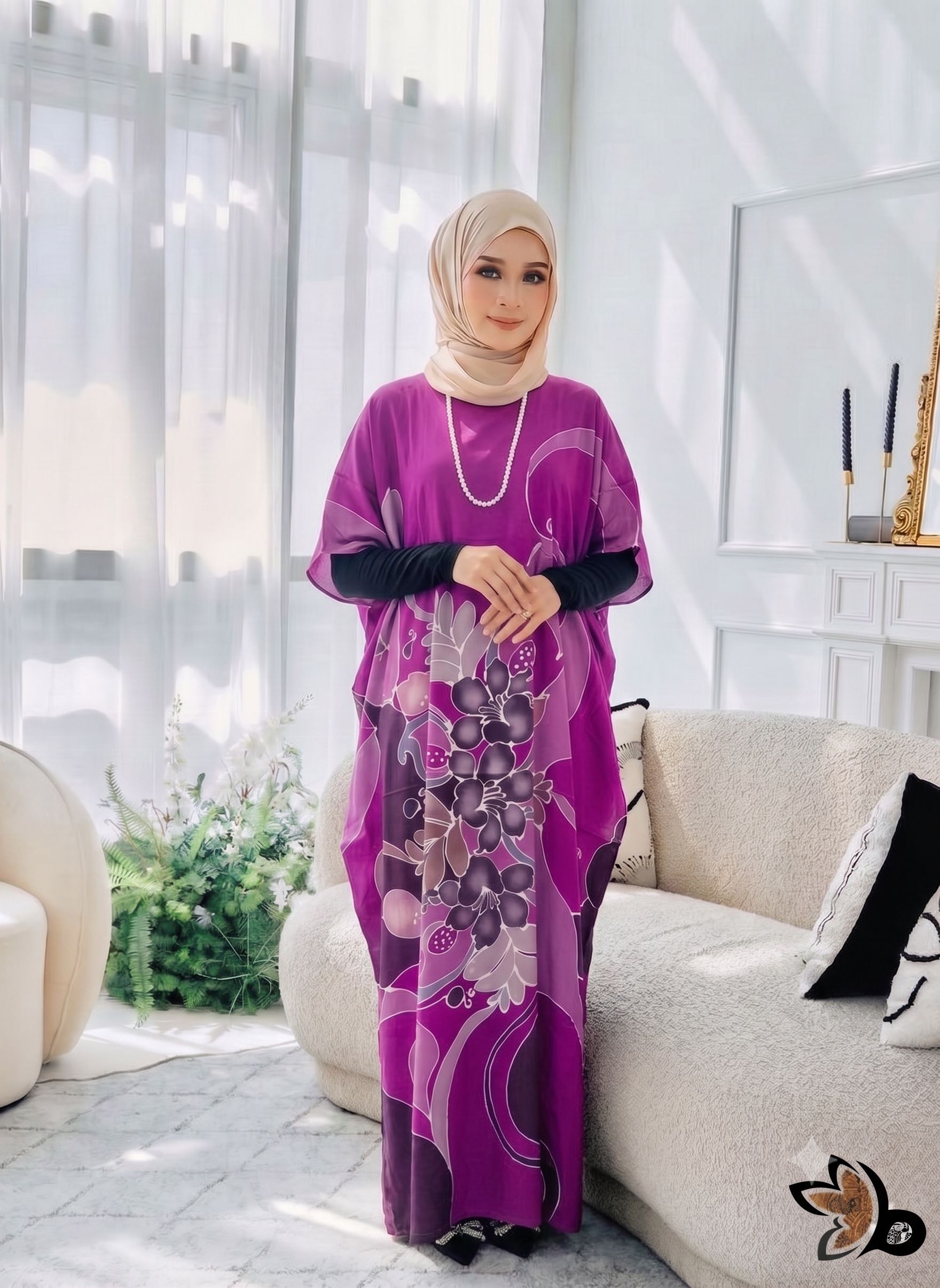 KAFTAN PENDEK FLORAL ORCHID PURPLE K17