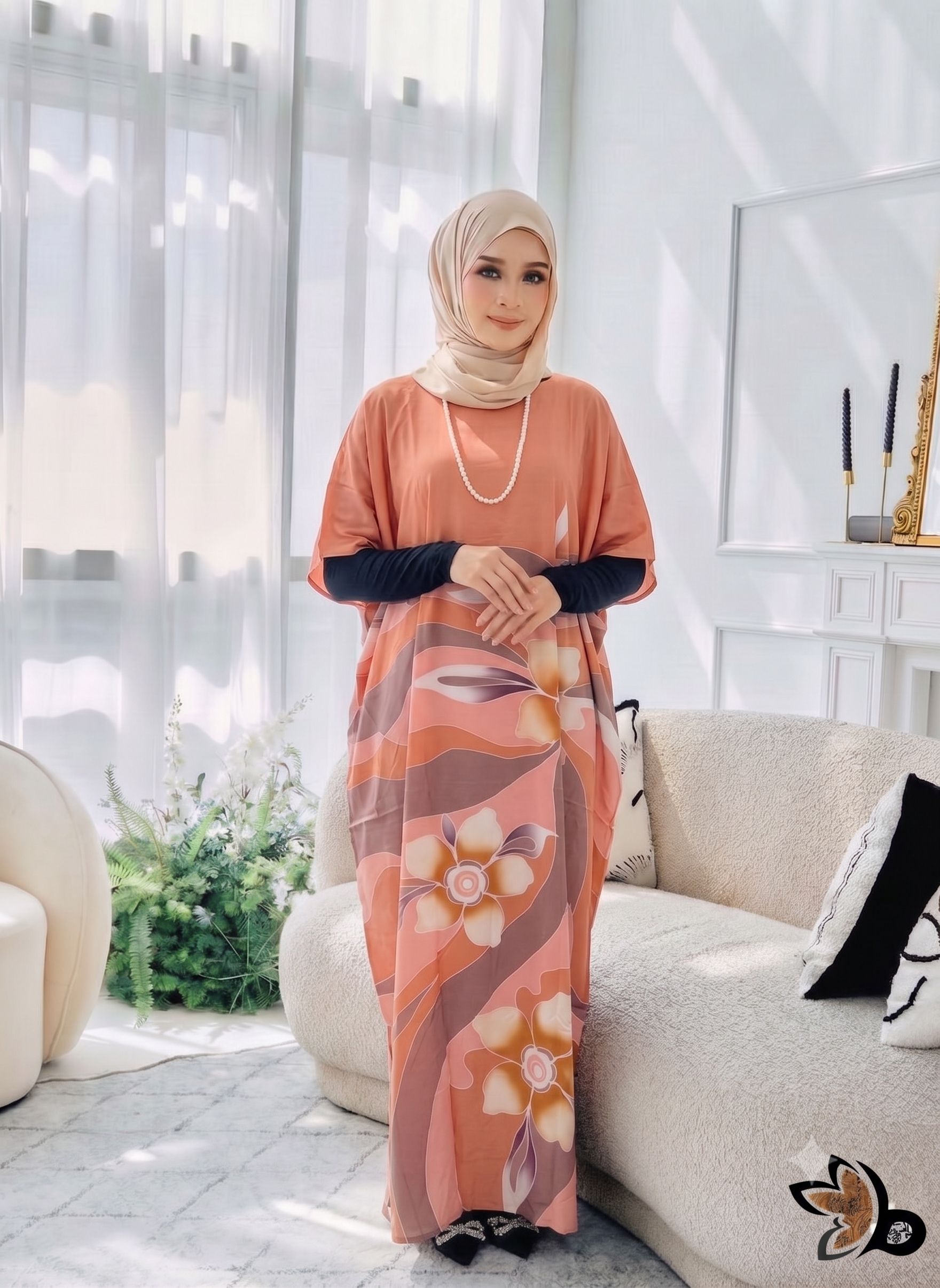 KAFTAN PENDEK FLORAL SALMON K16