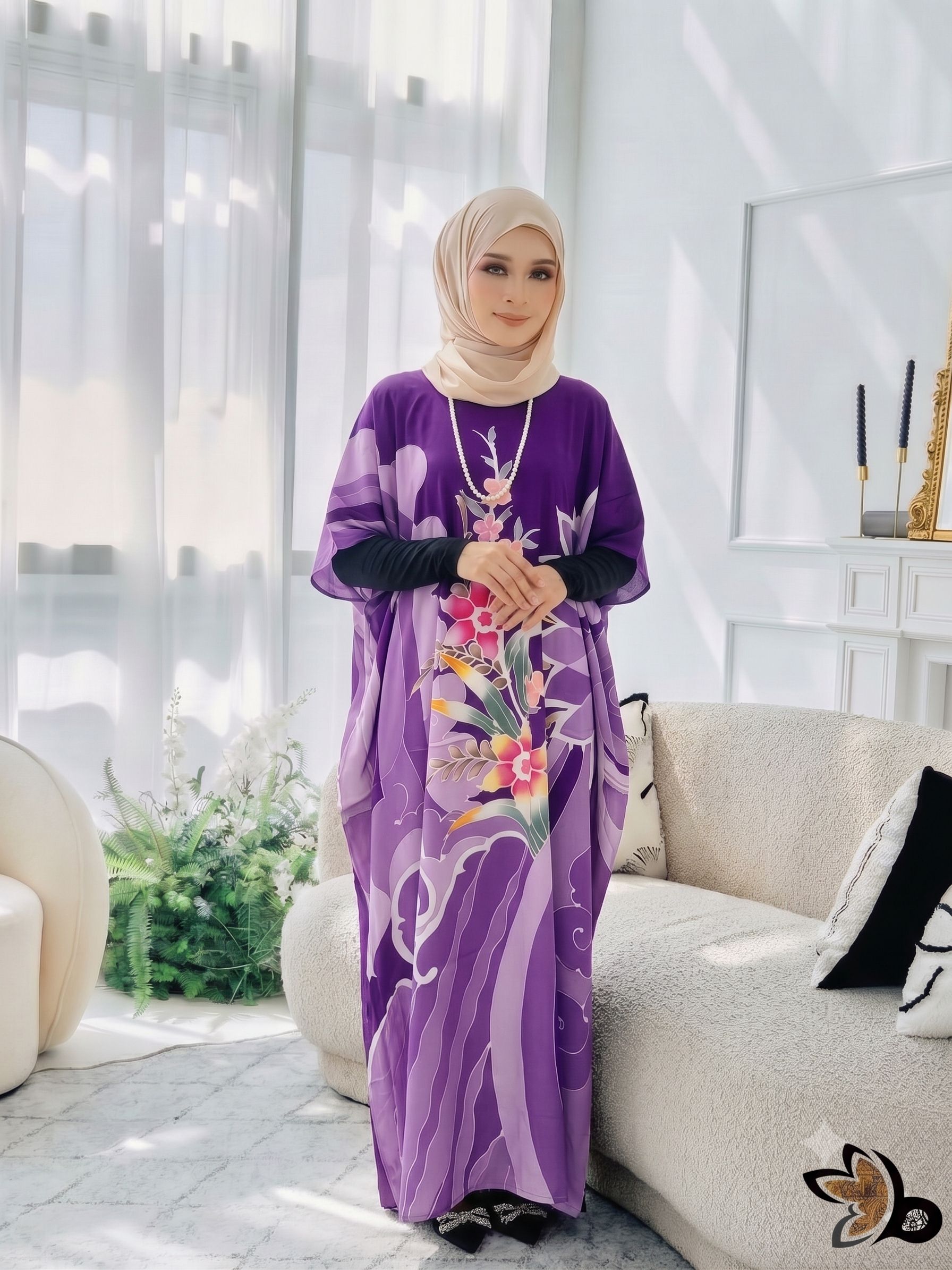 KAFTAN PENDEK FLORAL SILKCUT PURPLE K23