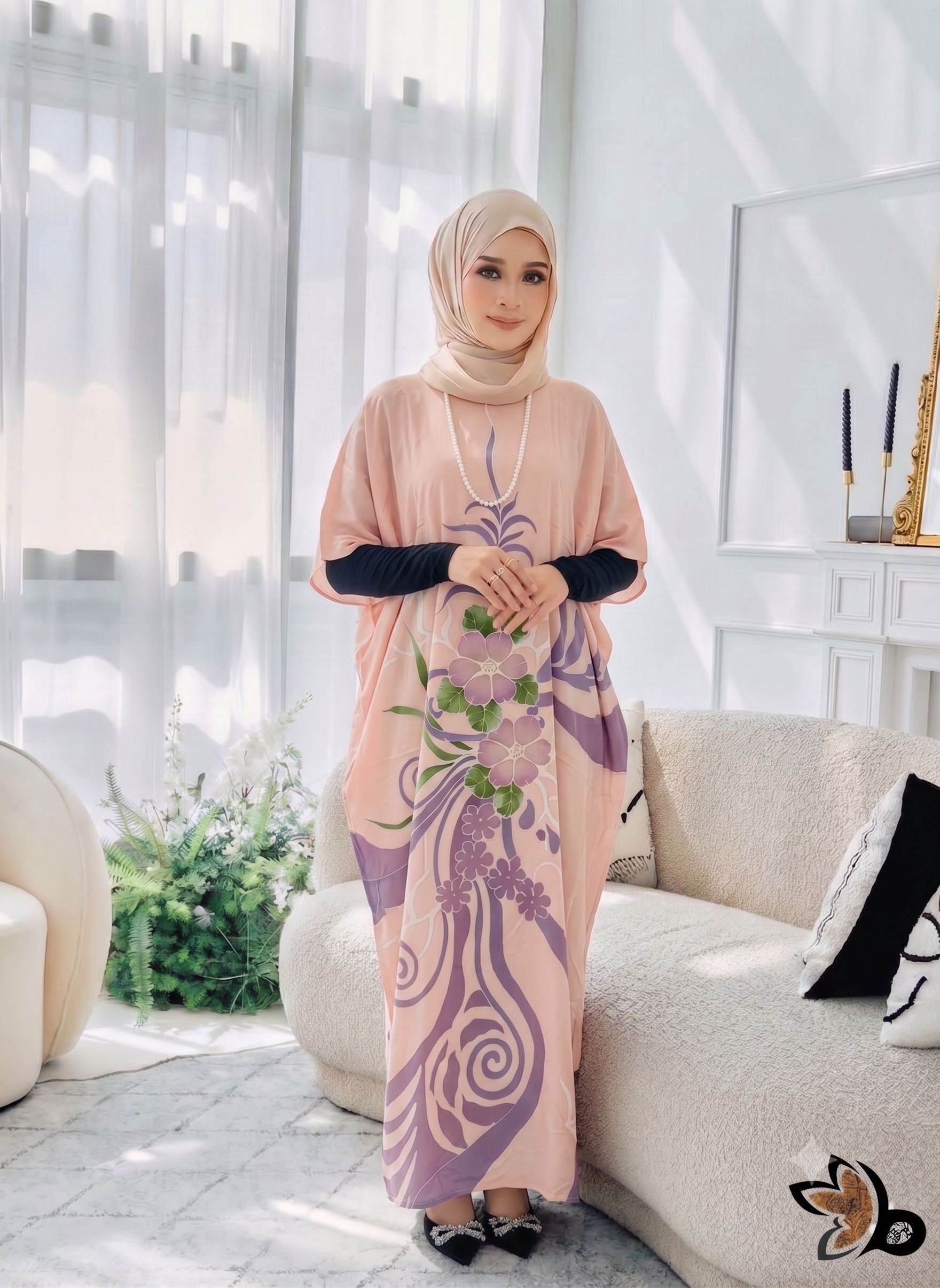 KAFTAN PENDEK FLORAL SOFT PEACH K15