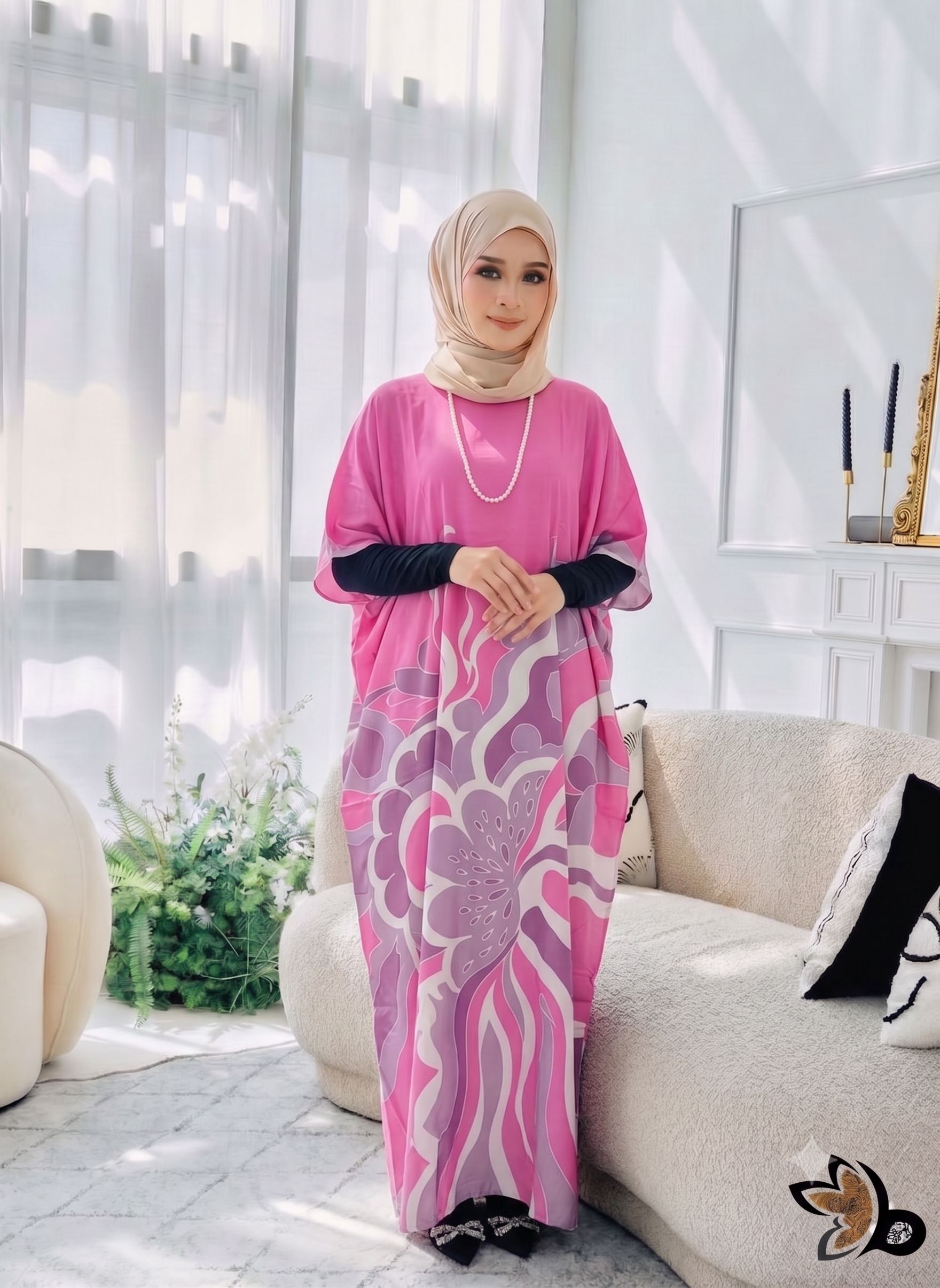 KAFTAN PENDEK FLORAL TAFFY PINK K14