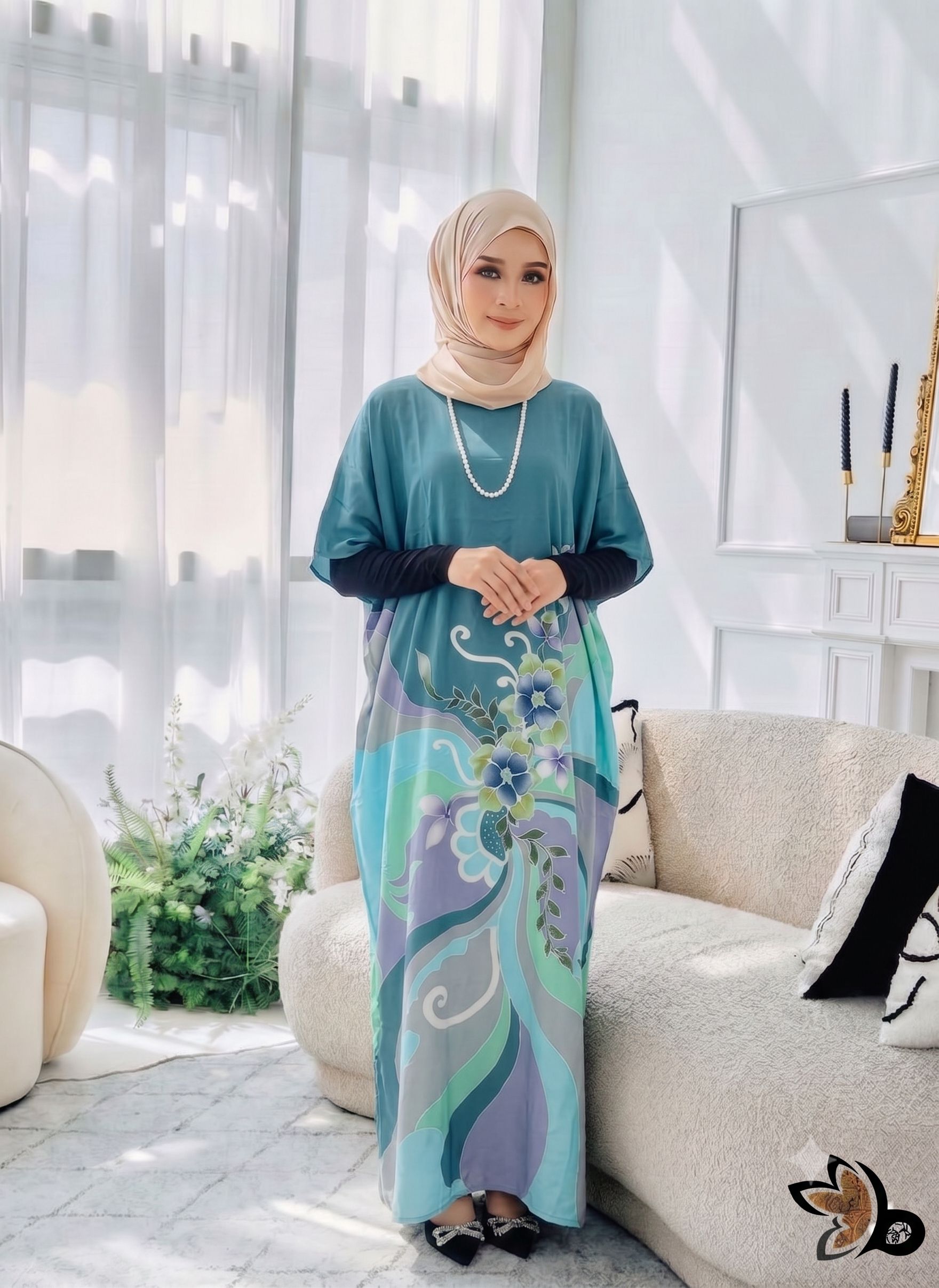 KAFTAN PENDEK FLORAL TEAL BLUE K19