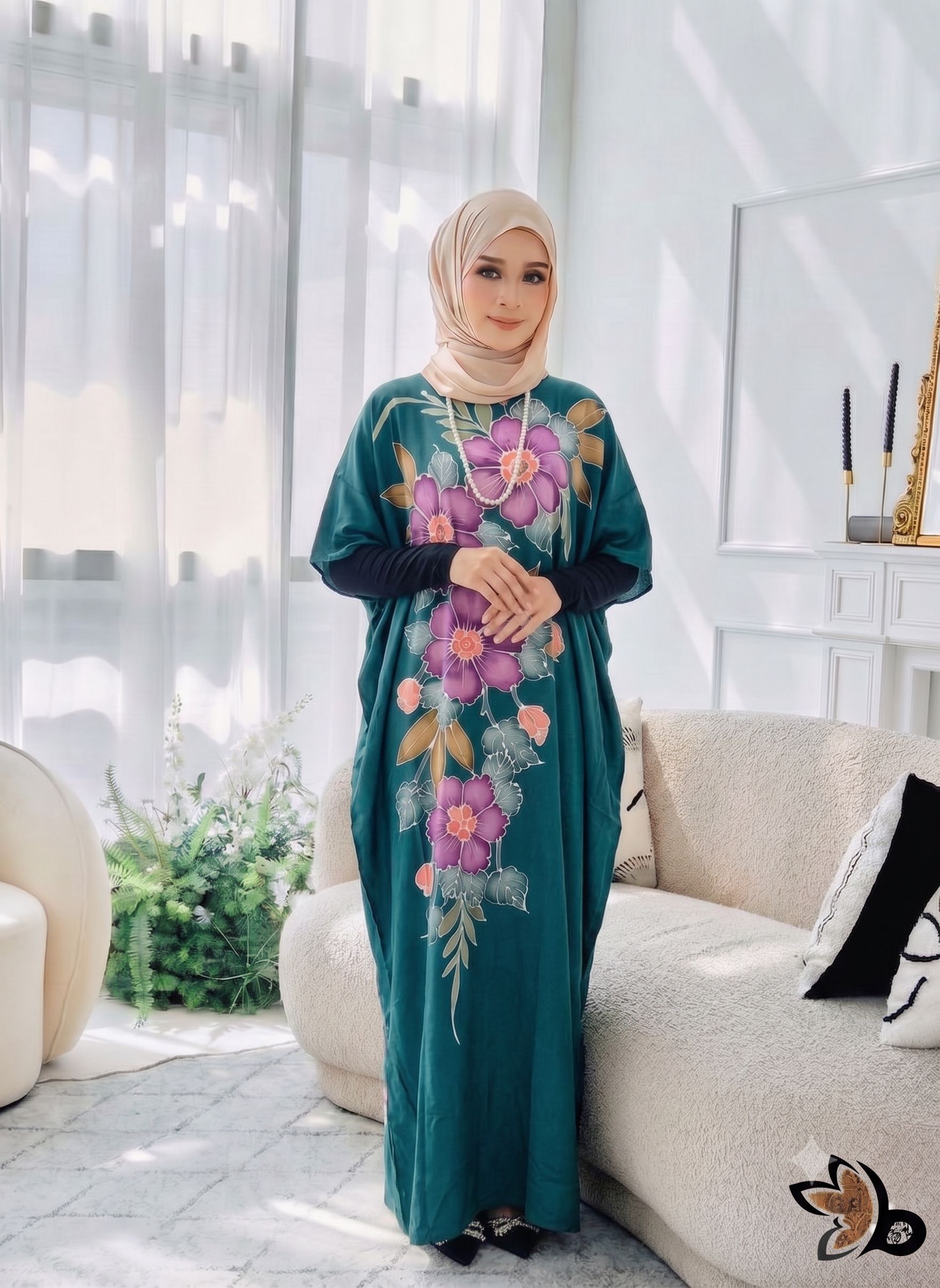 KAFTAN PENDEK FLORAL TEAL GREEN K22