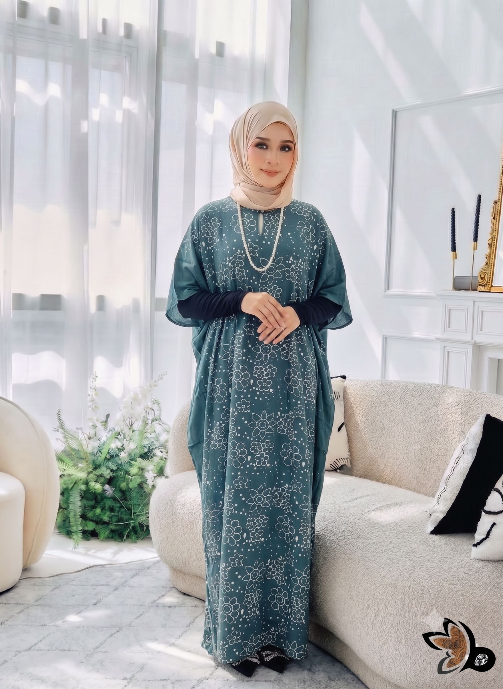 KAFTAN PENDEK MAWAR DUSTY TEAL C29